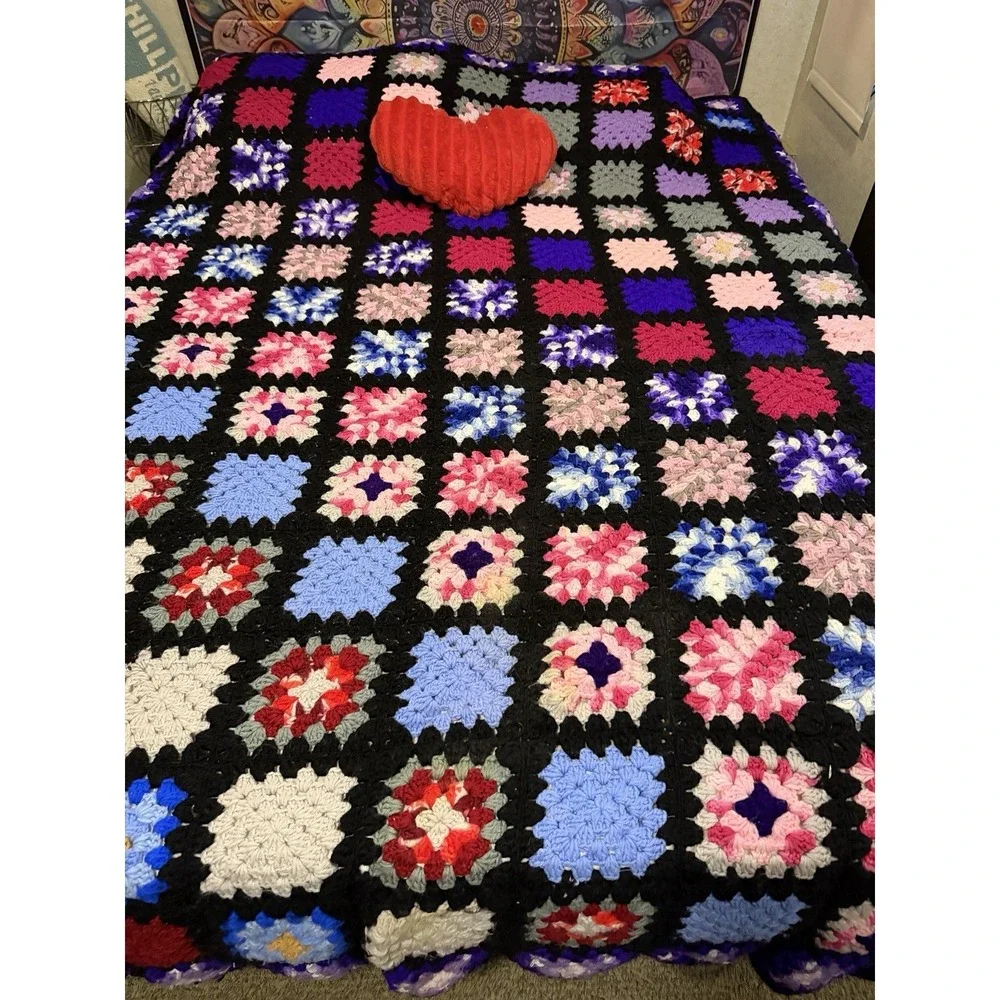 Vtg Granny Sq.Crochet Afghan Cottage Boho Prairie 97x68